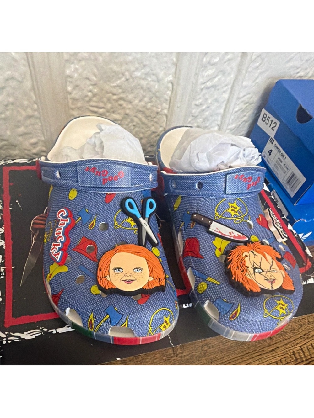 CROCS Kids Blue Horror Character Clog Sandals with Red & Yellow Accents